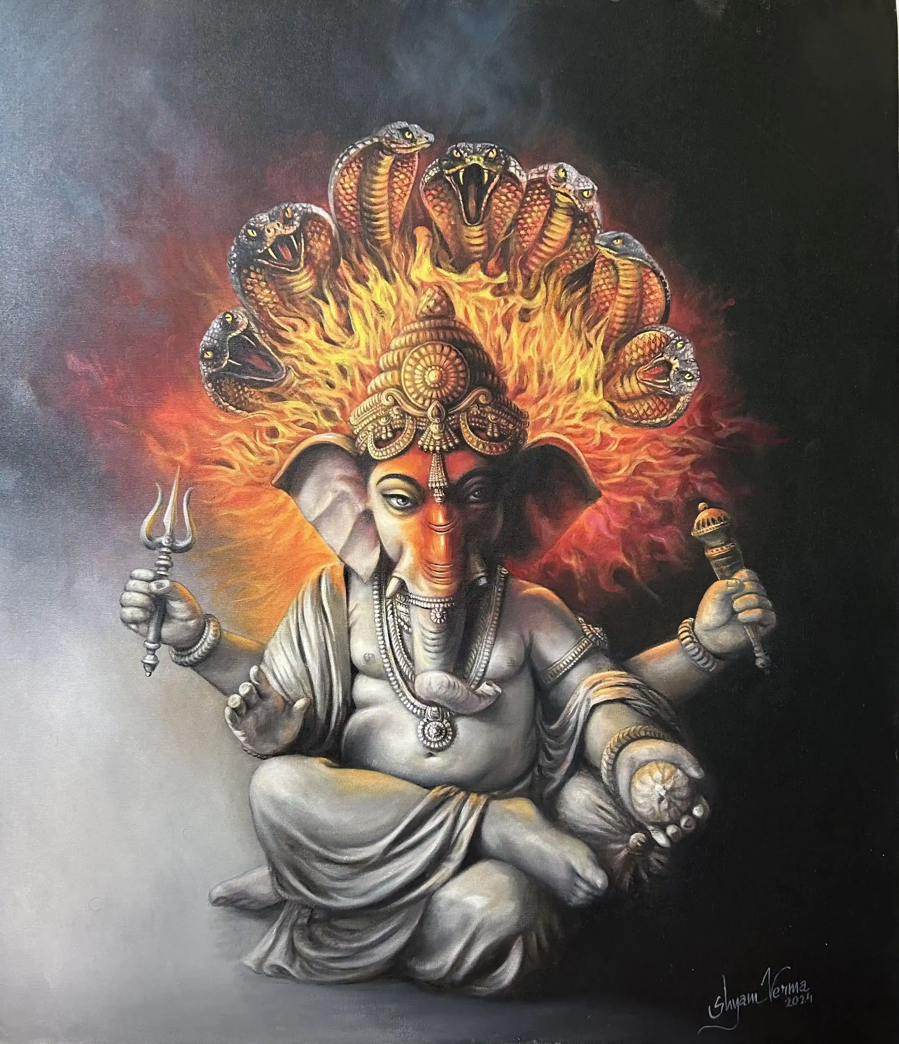 Sheshnaag Protect Ganesha, Oil Painting, Nature, Religious, Home decor, Wall decor, Artwork, Handpainted, Art, Painting, VistaPallette